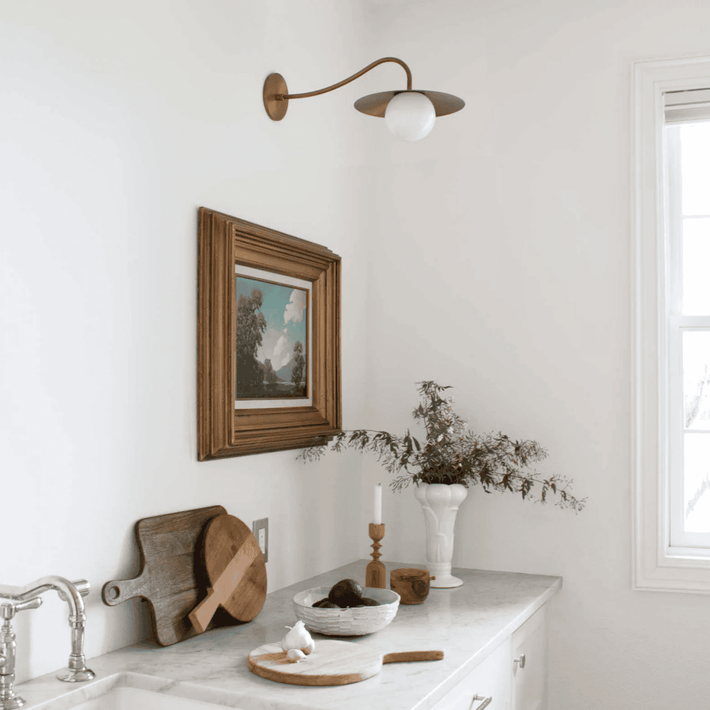Pearl light over a marbled counter.