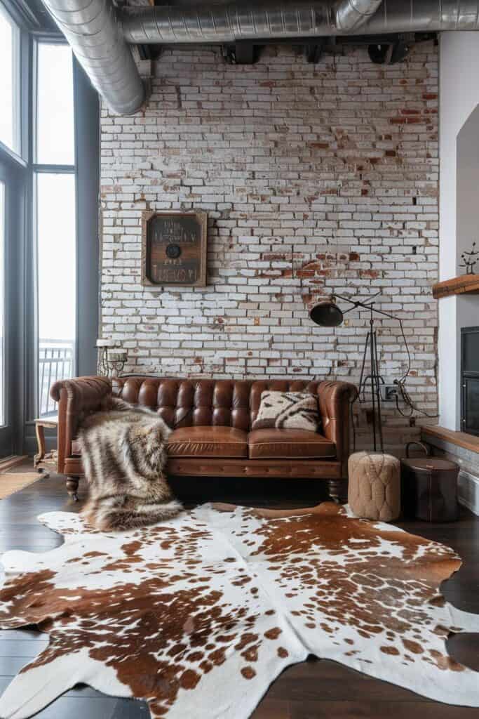 A brick room with a tan cow hide rug