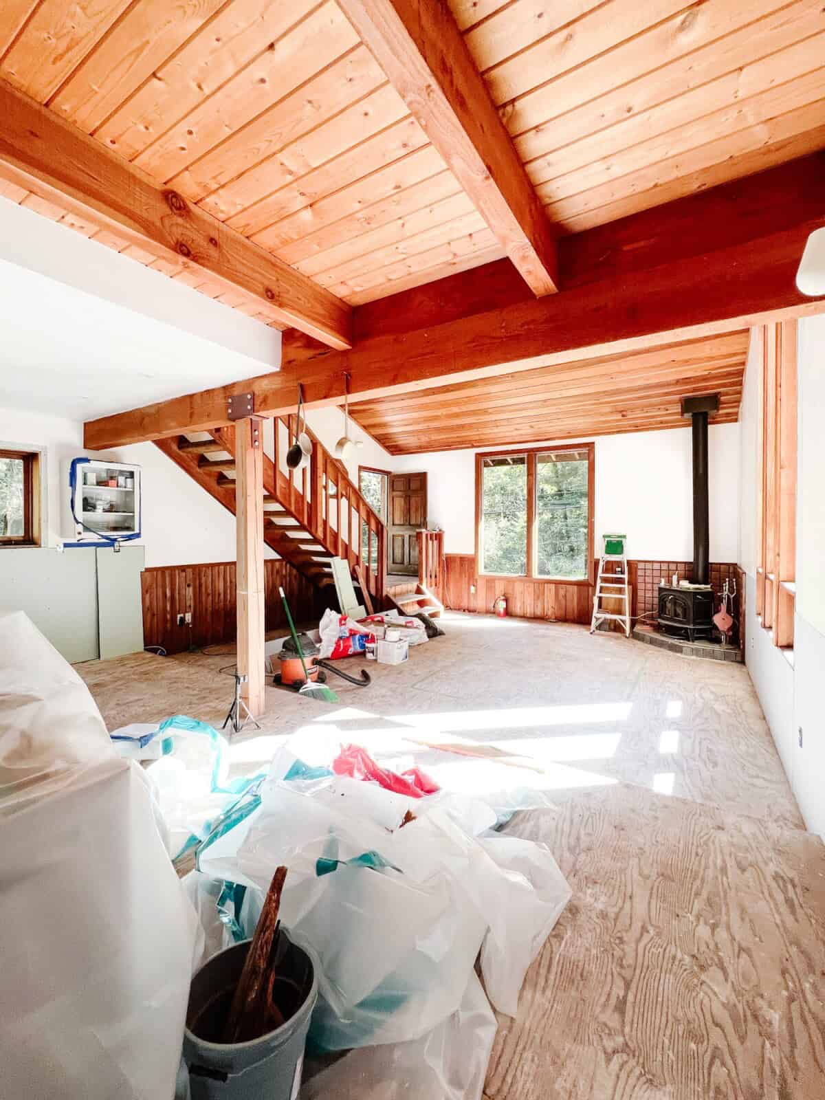 Cabin living room during renovation