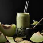 honey dew melon with a glass of green boba tea