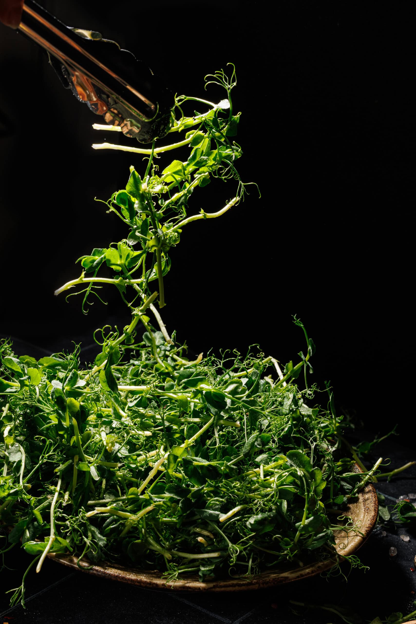 Fresh pea shoots being lifted with tongs prior to being cooked. 