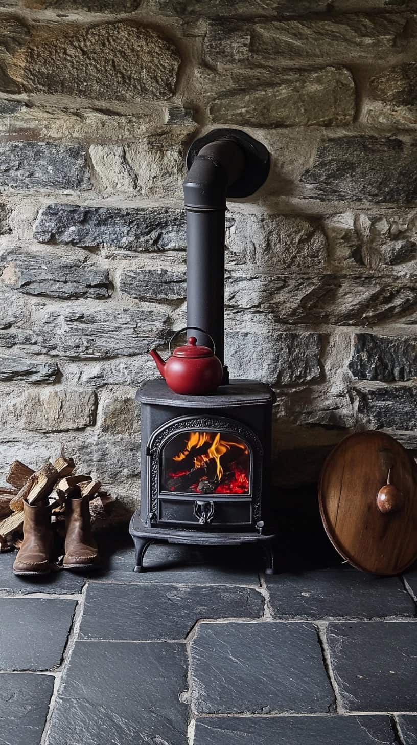 an old wood burning stove on a cobble stove floor and wall with a red kettle on it.