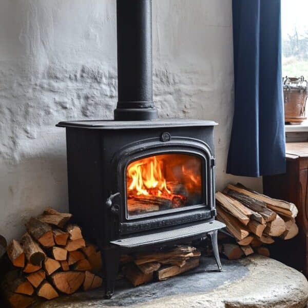 a wood burning stove with logs all around it on agaisnt a white wall.