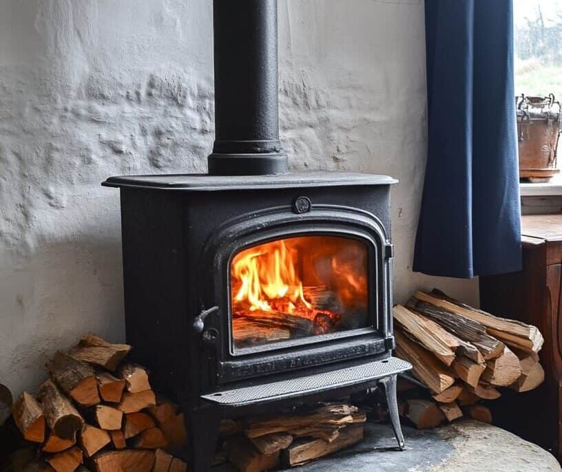 a wood burning stove with logs all around it on agaisnt a white wall.