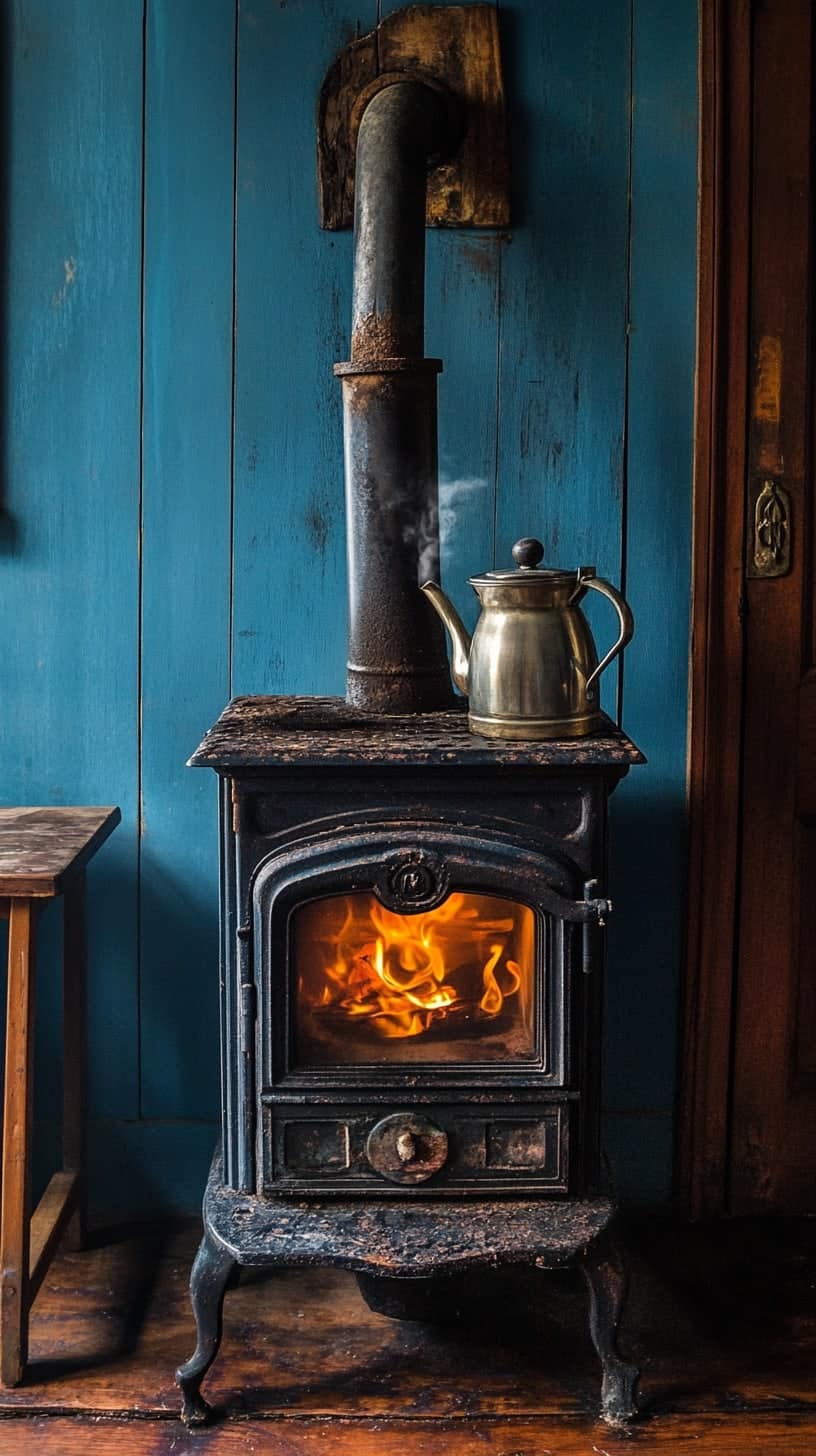 An antique stove on a blue wall for how to clean wood burning stove.