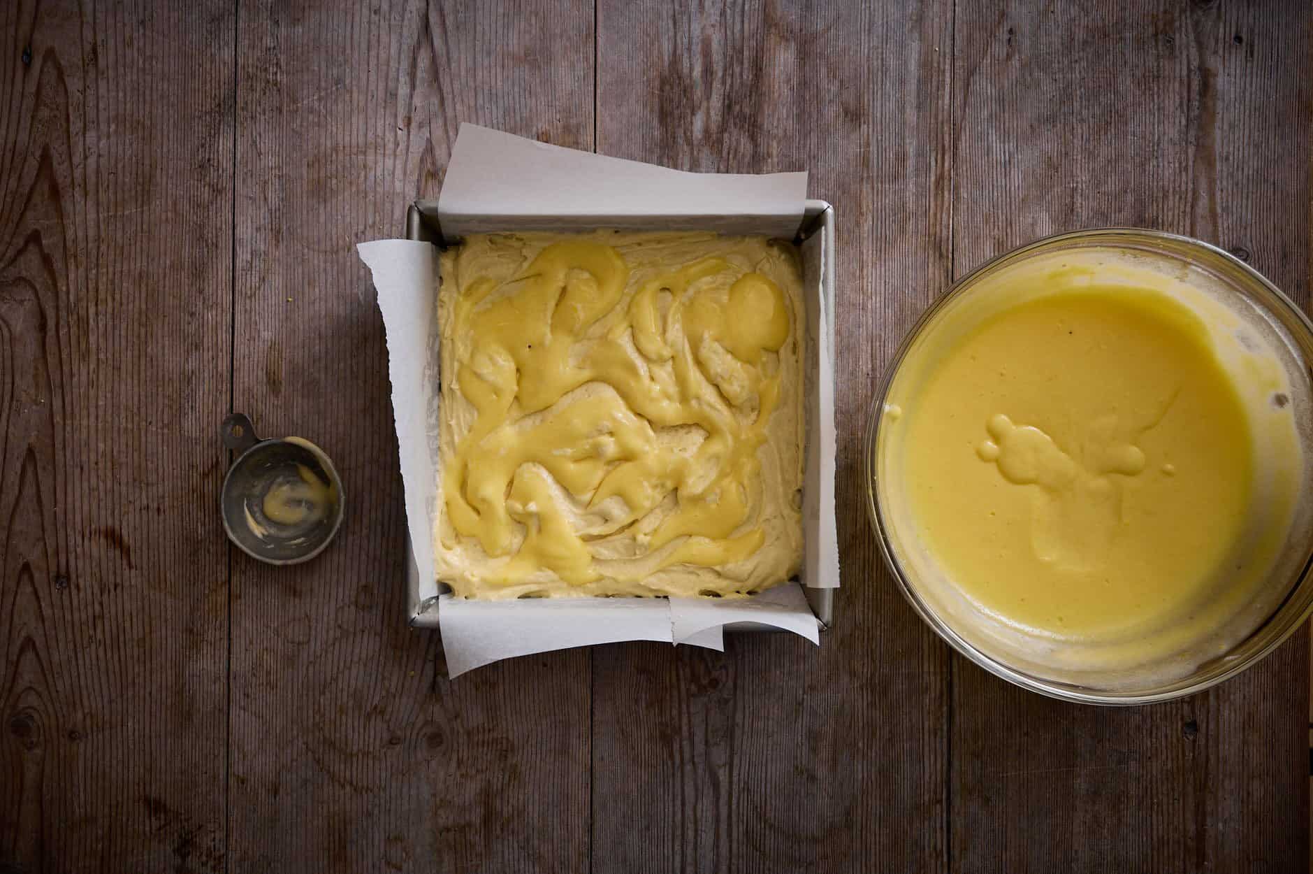 batter with lemon curd swirl ready to bake. 