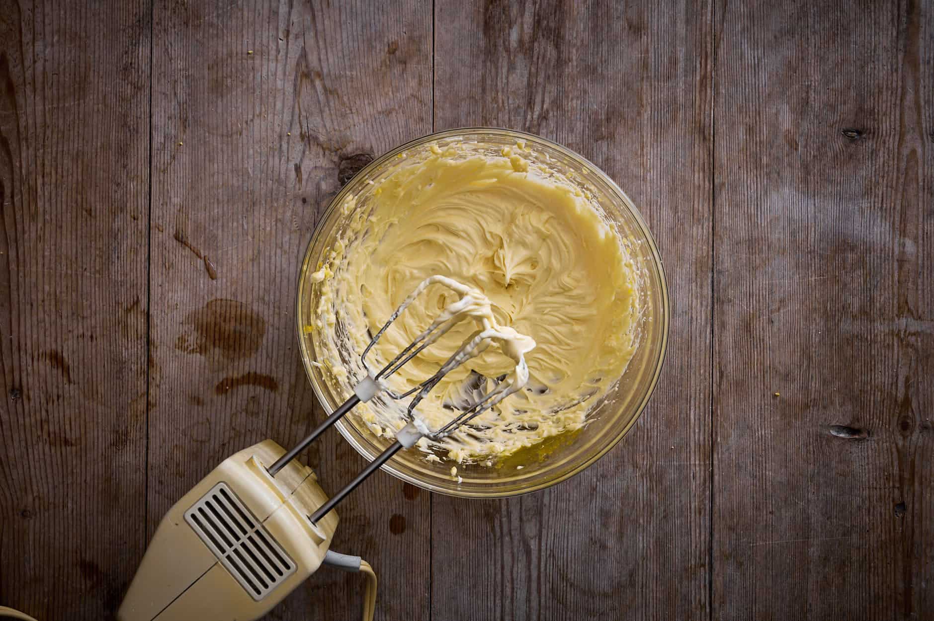 creamed butter and sugar, ingredients beaten with the eggs.