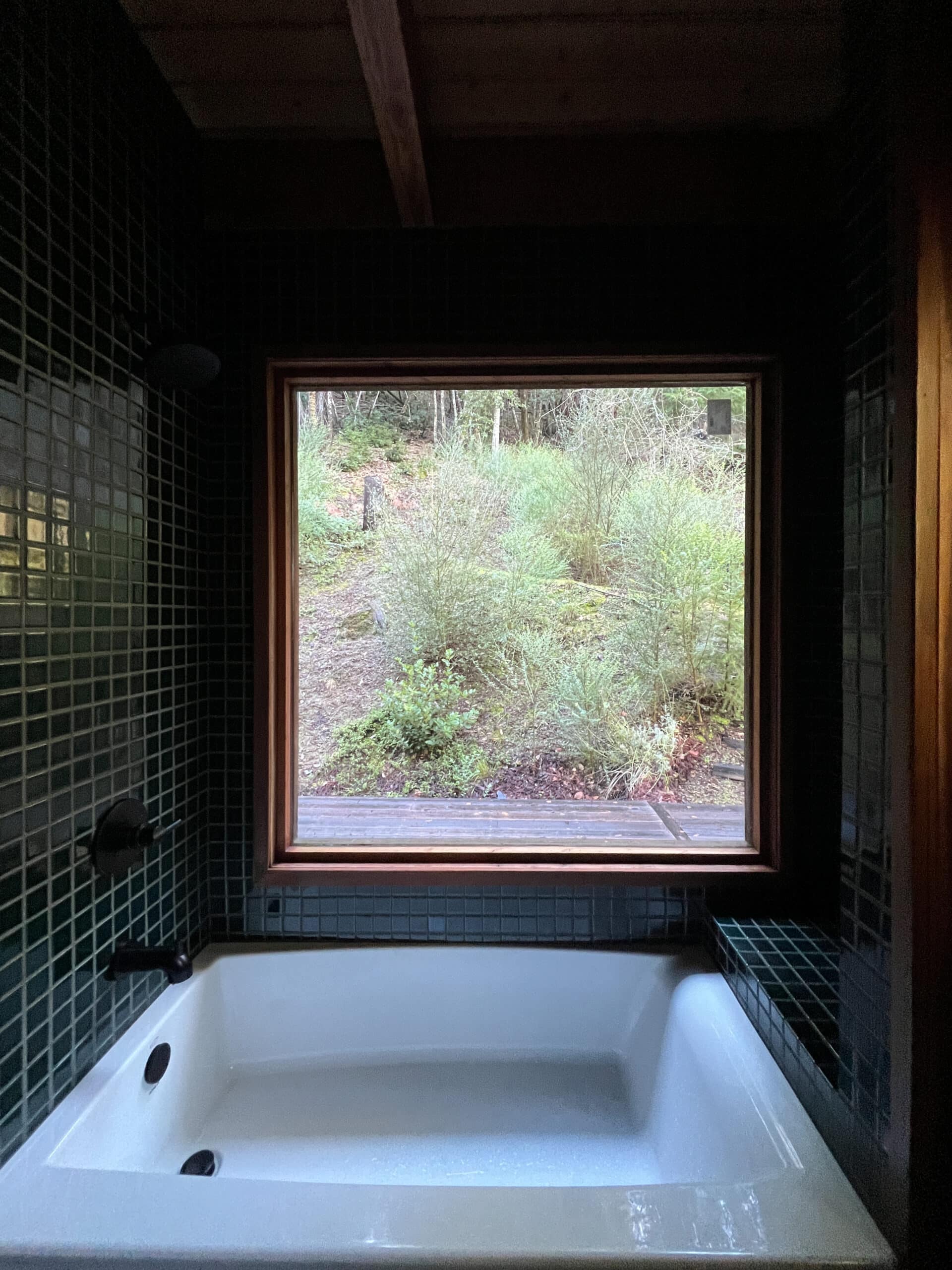 A new bathroom featuring green evergreen fireclay tiles with a shiny finish and refreshed redwood, complete with a giant picture window. 