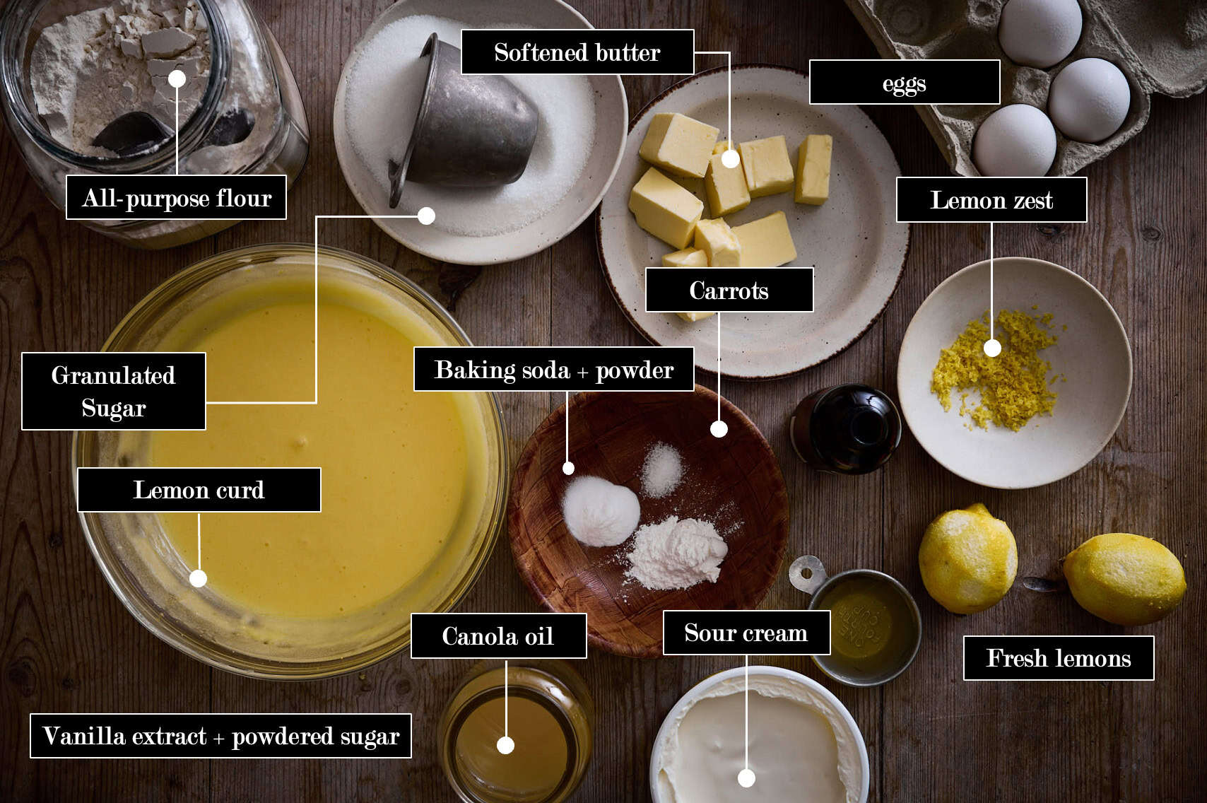 Key recipe ingredients on a table, looking down at ingredients in bowls. It includes: flour, butter, lemon zest, sour cream, lemon curd, and more. 