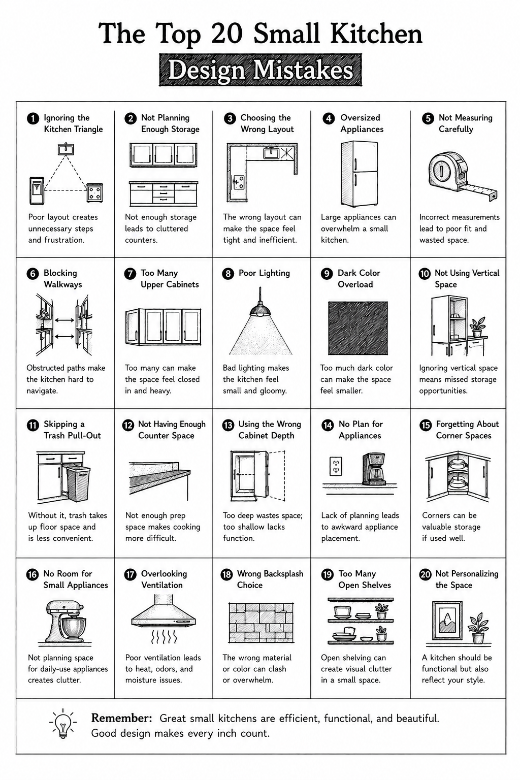 20 small kitchen design mistakes infographic