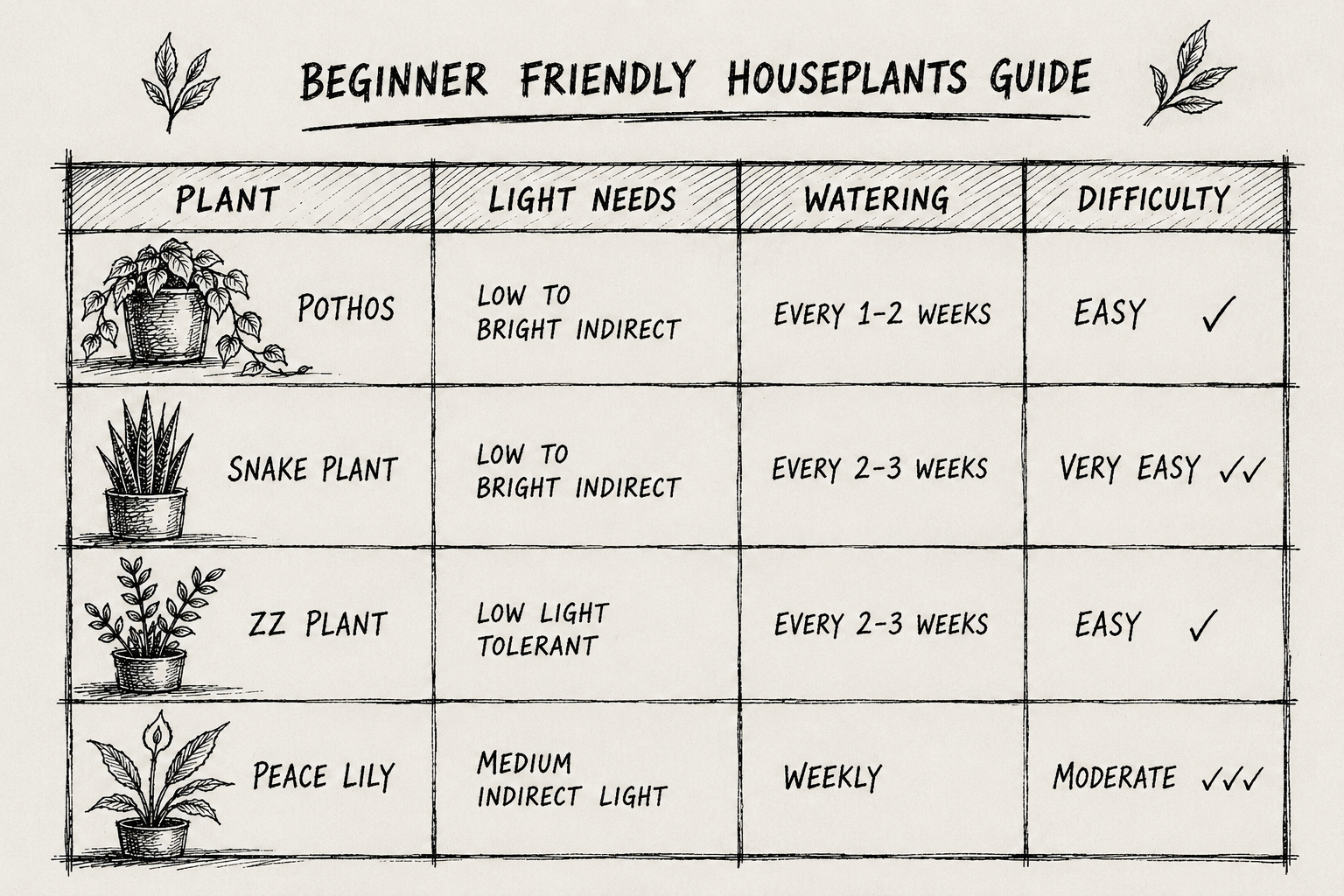 Beginner-friendly houseplant guide chart featuring the pothos, snake plant, zz plant, and peace lily.