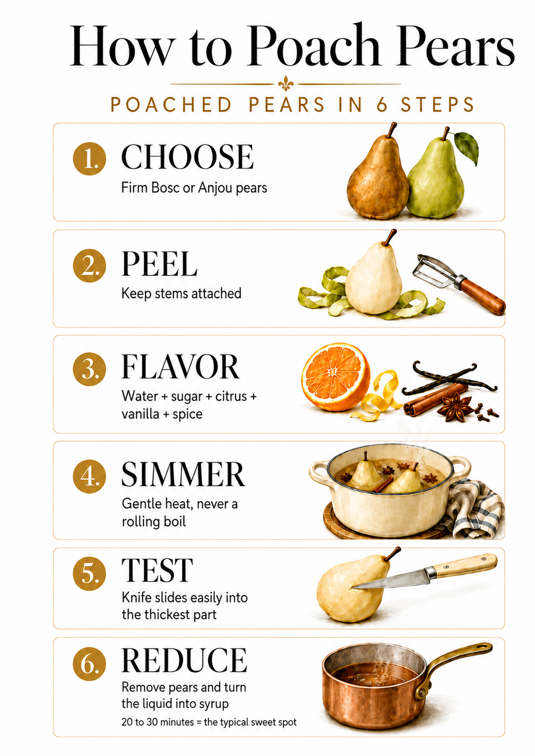 : Infographic showing how to poach pears in six simple steps.