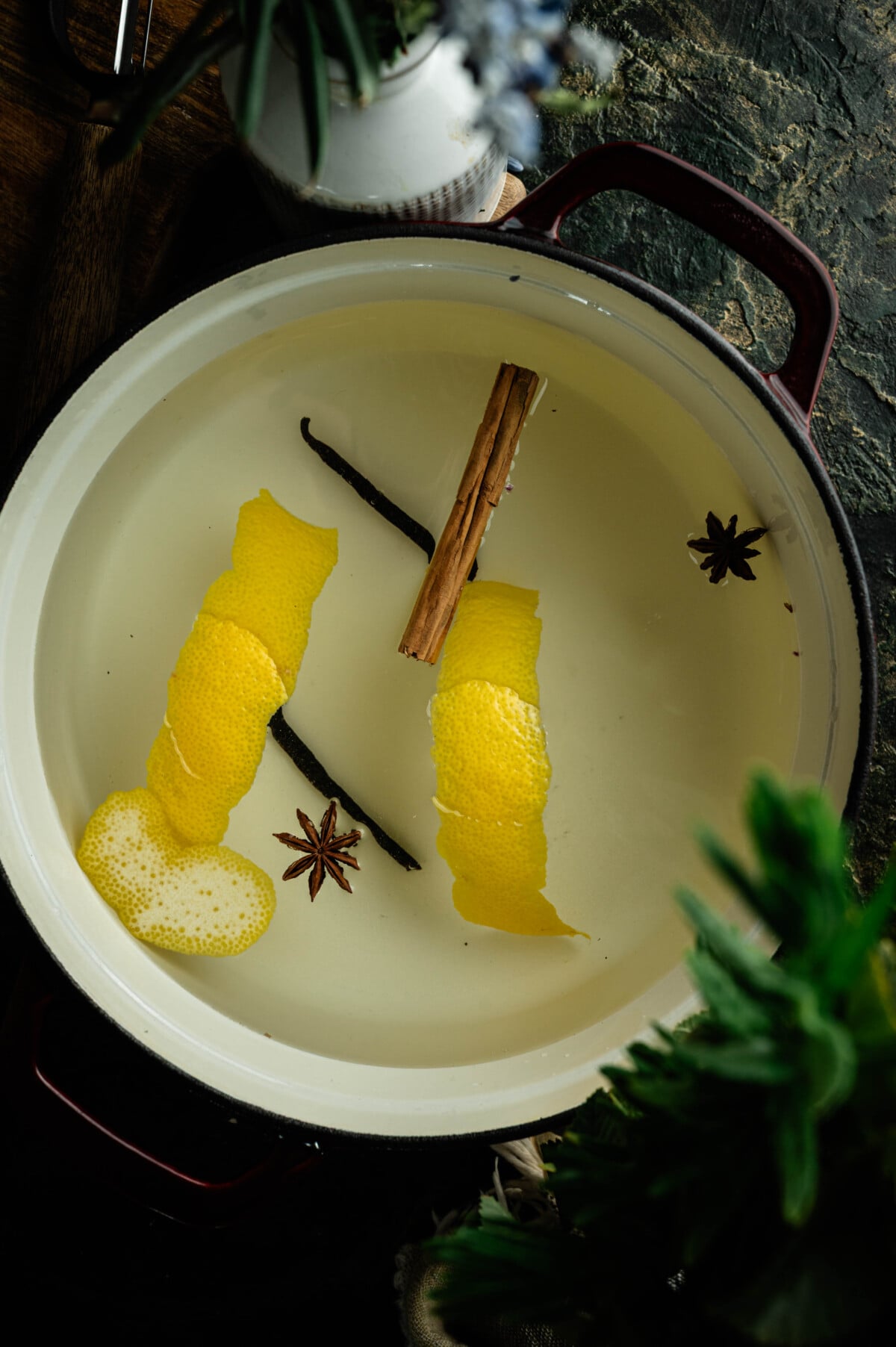 Poaching liquid for pears made with sugar, citrus, vanilla, and warm spices.