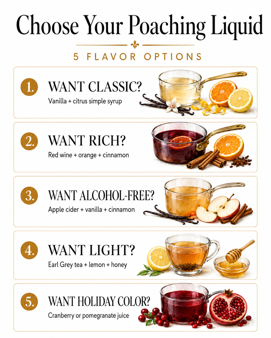 Best liquids for poaching pears including red wine, apple cider, tea and vanilla simple syrup.