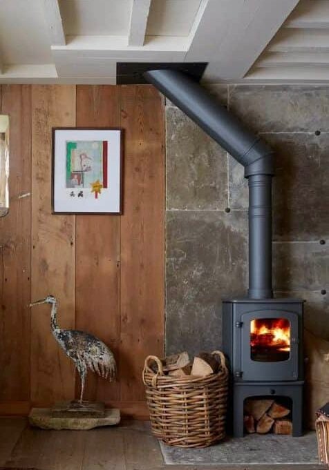 A wood burning stove in a room with a wooden wall.