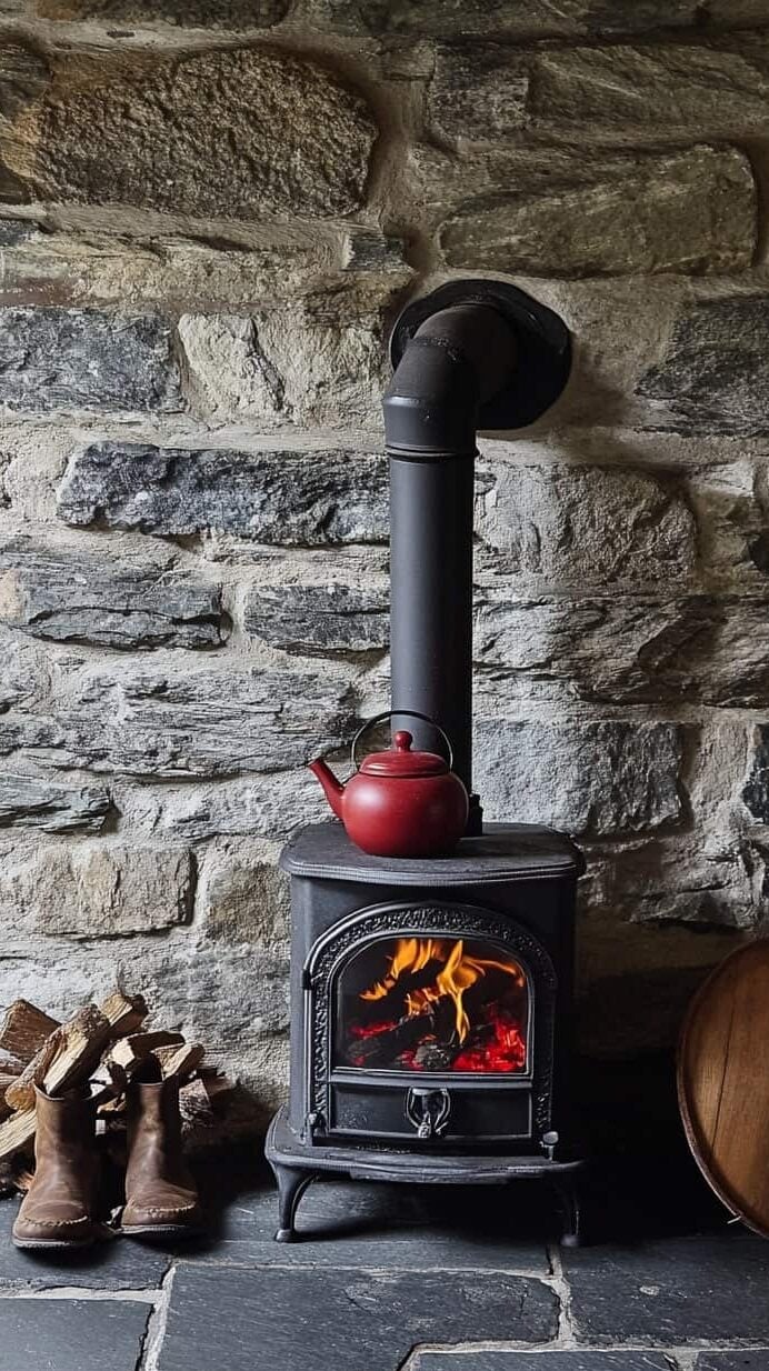 an old wood burning stove on a cobble stove floor and wall with a red kettle on it.